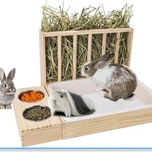 New Open Box 3 in 1 Rabbit Hay Feeder with Litter Box,Wooden Hay Feeder w 2 Bowl